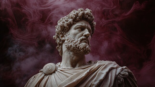 Majestic Marcus Aurelius Statue Captured in High Realism Amidst Swirling Burgundy Mist