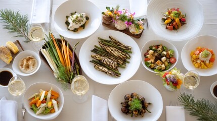 An inviting display of assorted Mediterranean dishes showcasing hummus, grilled vegetables, and fresh ingredients arranged beautifully with room for text