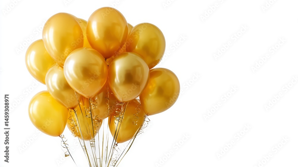 Poster a cluster of shiny golden balloons with sparkling glitter and satin ribbons floats against a clean w