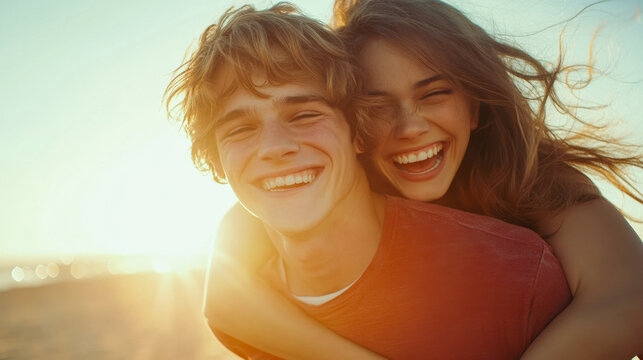 Happy couple enjoying a piggyback ride on the beach during sunset - Powered by Adobe