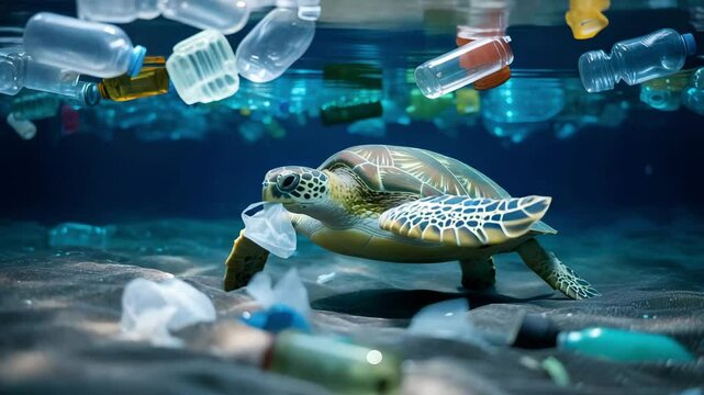 sea turtle amid ocean plastic pollution &ndash; underwater environmental crisis scene
