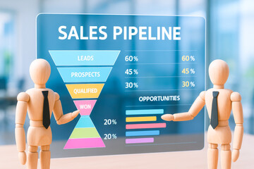 Screen shows business concepts with sales pipeline funnel and opportunities chart in modern office environment for teamwork and planning