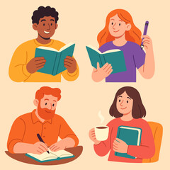 People Reading Studying and Writing Illustration with Books and Coffee