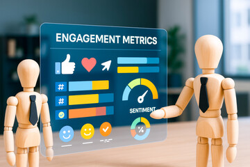 Screen shows business concepts with engagement metrics and sentiment analysis in modern office, two wooden figures in suits interact
