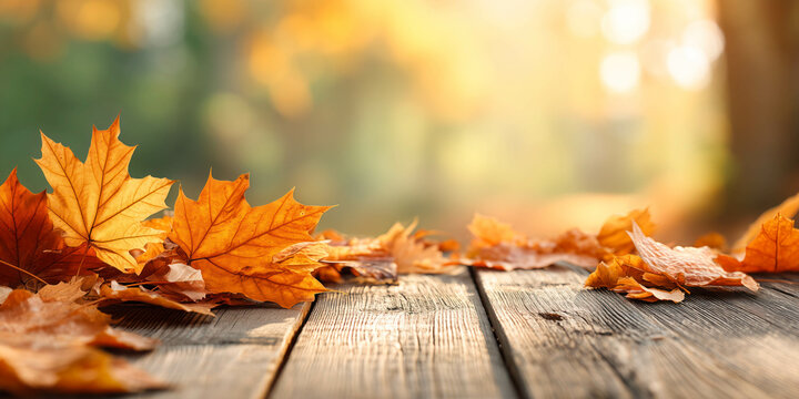 A wooden background covered with orange and yellow leaves. Perfect for seasonal banners or ads.