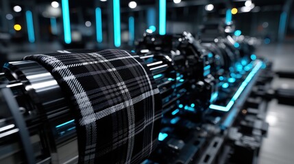Fototapeta premium Close-up of black and white plaid fabric wrapped around shiny industrial machinery with blue accent lighting