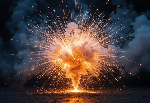 Bright Explosion with Smoke and Glowing Sparks on Dark Ground