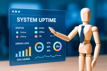 System uptime screen shows business concepts with status indicators and error logs in modern office environment for technology monitoring