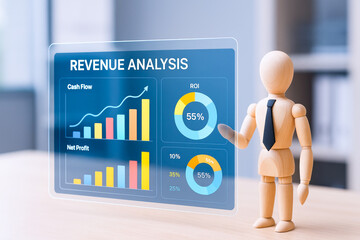 Screen shows business concepts with revenue analysis charts including cash flow net profit and ROI in modern office environment