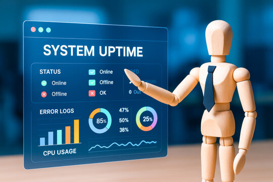 System uptime screen shows business concepts with status indicators and error logs in modern office environment for technology monitoring