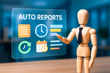 Auto reports screen for business concepts with digital interface icons and wooden mannequin in office environment