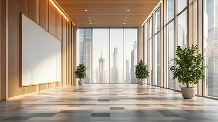 Fototapeta premium Modern Office Interior with Cityscape View and Blank Canvas