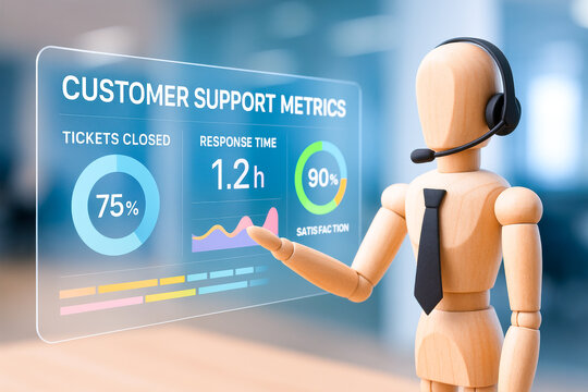 Customer support screen shows business concepts with ticket closed rate response time and satisfaction metrics in modern office