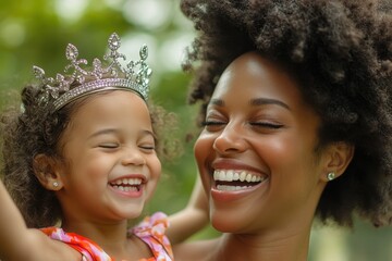 child putting tiara on moms head with laughter
