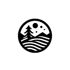 Minimalist Nature Logo: Pine Tree, Mountains, & Stars in a Circle