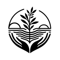 Eco-Friendly Circle Logo: Hands, Tree, Water, Sunset - Black & White
