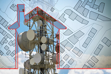 Alert and risk about radio emissions near residential areas - concept with base radio station for global communications services with home and imaginary city map