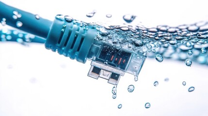 An Ethernet cable partially submerged in water with droplets and splashes
