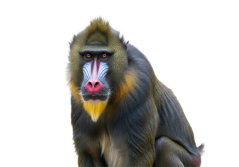 Vivid mandrill portrait Striking primate with colorful face and intense gaze on a dark background