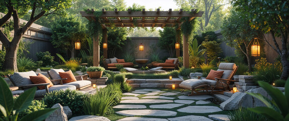 Luxurious outdoor garden with pergola lounging areas and ambient lighting for relaxation