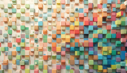 Fototapeta premium Colorful three-dimensional cubes create a visually dynamic and textured pattern on a wall, showcasing abstract art and design.