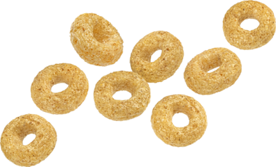 Falling cereal rings isolated on white background