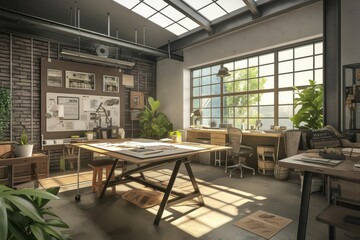 Sunlit Industrial Loft Workspace with Exposed Brick and Wooden Desks
