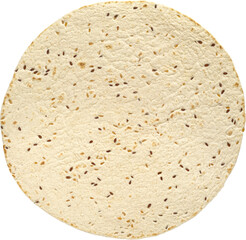 Empty lavash with flax seeds isolated on white background, top view