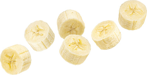 Falling peeled banana slices isolated on white background with clipping path
