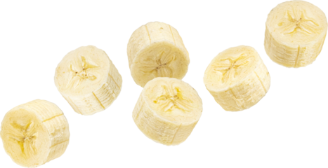 Falling peeled banana slices isolated on white background with clipping path