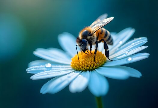 A bee collecting pollen from a daisy covered in morning dew, cool blue and white color palette, fresh morning atmosphere, water droplets visible, realistic lighting, nature macro photography, high cla