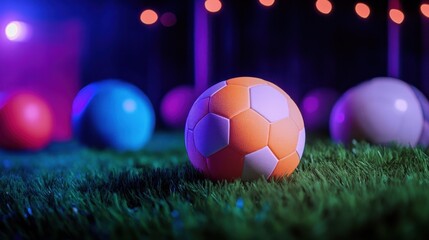 Fototapeta premium Multiple sports balls resting naturally on grass, illuminated against a dark backdrop