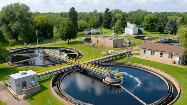 Aerial View of Water Treatment Facility with Circular Tanks Surrounded by Green Landscape and Clear Blue Sky