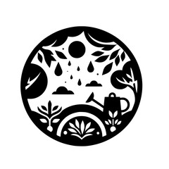 Monochromatic Garden Scene in Circle: Illustration
