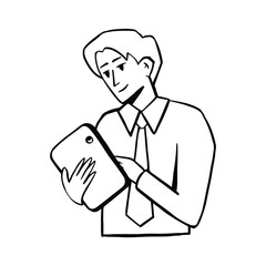 Man with tablet works Flat style vector