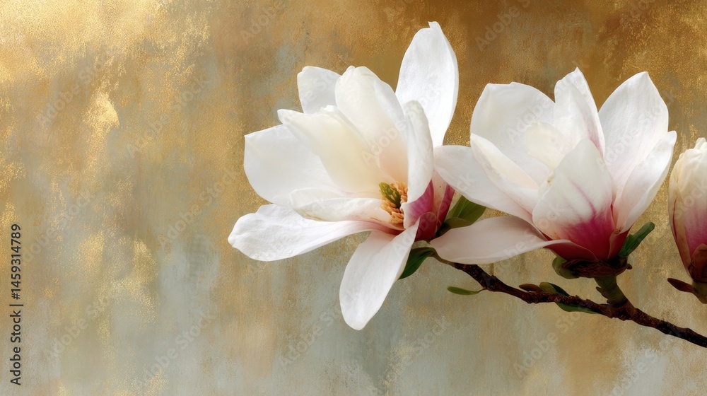 Poster magnolia flowers display their delicate petals in an artistic arrangement with a stunning gold and c