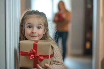 kids hiding gift to surprise mom with smile