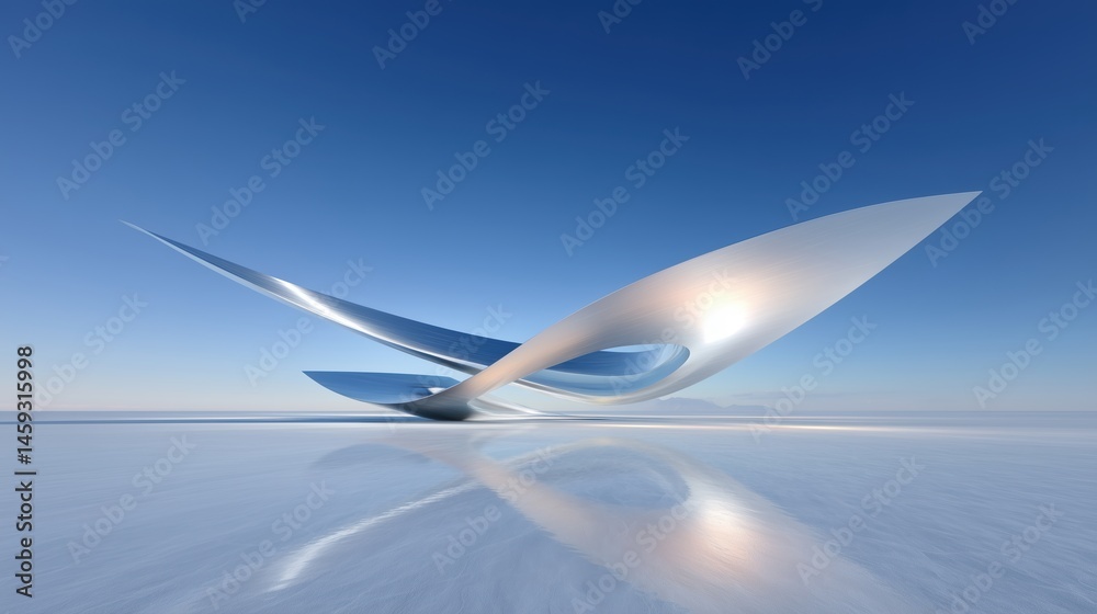 Aufkleber 3D rendered abstract futuristic art object with adobe-inspired sharp edges and curved structure on flat terrain, smooth light blue to white gradient background reflecting blurred rounded oval shape wi