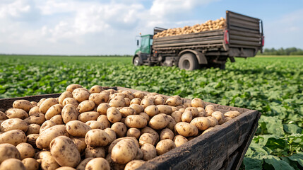 Freshly Harvested Potatoes: A Wooden crate filled with recently harvested potatoes sits in a field with a full truck in the background.