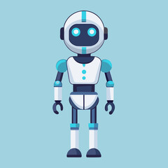 Robot with blue eyes wearing a sleek blue suit, standing confidently against a neutral background.