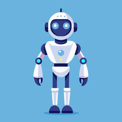 Robot with blue eyes wearing a sleek blue suit, standing confidently against a neutral background.