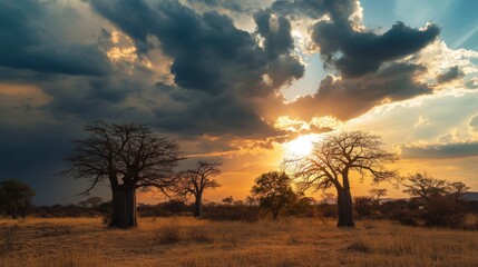 Background landscape of baobab trees in Madagascar at sunset, warm golden light and dramatic sky, no people
