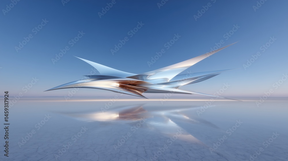 Aufkleber 3D rendered abstract futuristic art object with adobe-inspired sharp edges and curved structure on flat terrain, smooth light blue to white gradient background reflecting blurred rounded oval shape wi