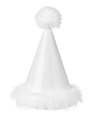 White party hat with fluffy trim and a pom-pom on top.