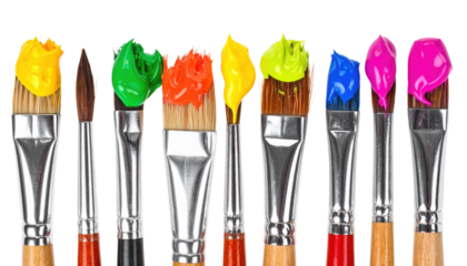 Various paintbrushes with vibrant paint colors on their bristles.