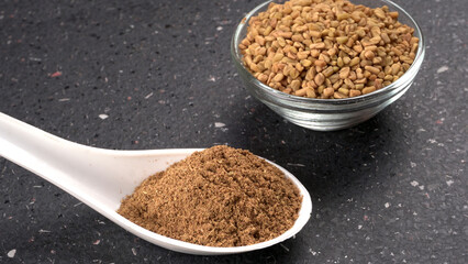 Methi or fenugreek seeds with methi leaves.Methi seeds is good for health.
