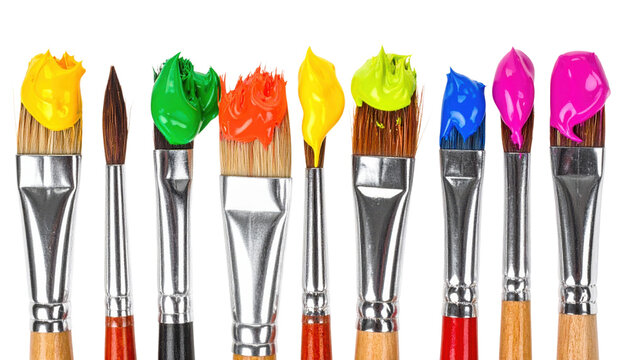 Various paintbrushes with vibrant paint colors on their bristles.