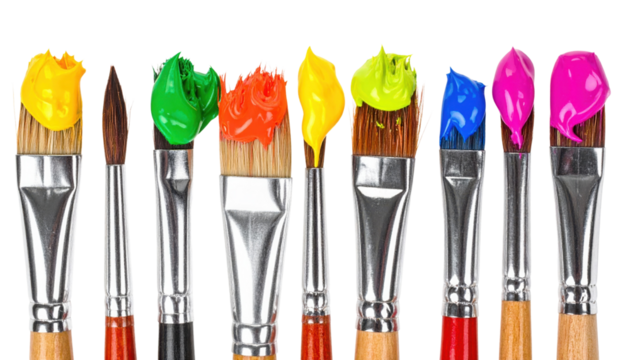 Various paintbrushes with vibrant paint colors on their bristles.