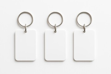 Blank Keychains: Three rectangular keychains, each featuring a clean, blank space for personalization, ready to be customized. Simple design, versatile, for marketing and advertising.