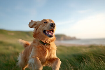 Golden retriever joyfully runs across a grassy field. Motion blur captures the energy of the happy dog in a scenic outdoor setting.